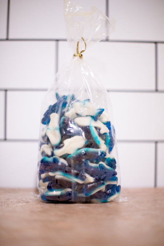 Gummy Blue Sharks with Foam Bottom